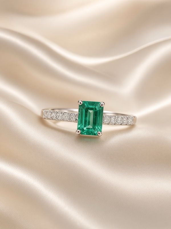 18K W/G Emerald Cut Emerald &amp; Diamond Ring, E: 0.74ct, D: 0.16ct