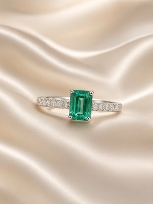 18K W/G Emerald Cut Emerald &amp; Diamond Ring, E: 0.74ct, D: 0.16ct