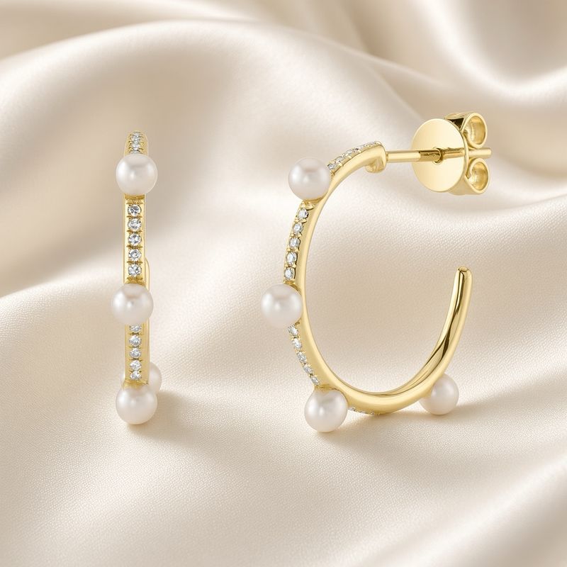 14K Y/G Diamond Cultured Pearl Hoop Earrings, D: 0.09ct, P: 3mm