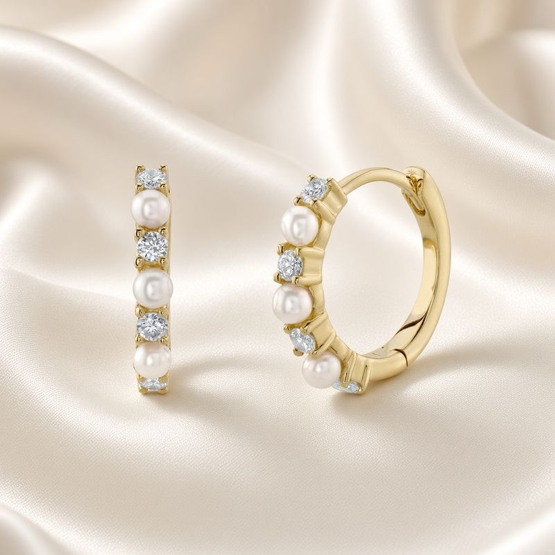 14K Y/G Diamond and Pearl Huggie Earrings, D: 0.14ct