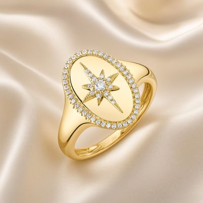 14K Y/G North Star Diamond Signet Ring, D: 0.18ct