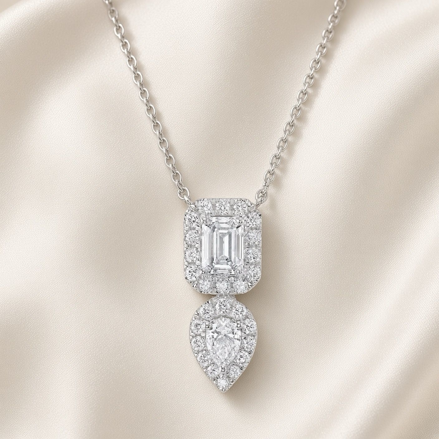 14K W/G Emerald and Pear Halo Drop Necklace, D: 0.75ct