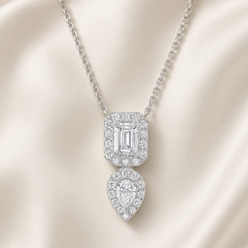 14K W/G Emerald and Pear Halo Drop Necklace, D: 0.75ct