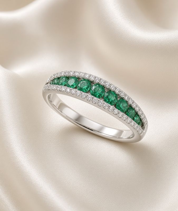 14K W/G Emerald &amp; Diamond Band, E: 0.23ct, D: 0.17ct