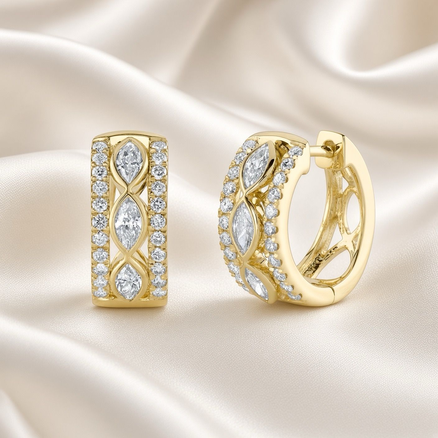 14K Y/G Diamond Marquise Bezel Huggie Earrings, D: 1.01ct