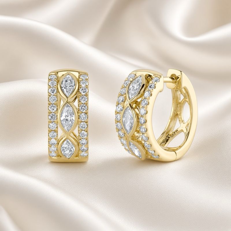 14K Y/G Diamond Marquise Bezel Huggie Earrings, D: 1.01ct