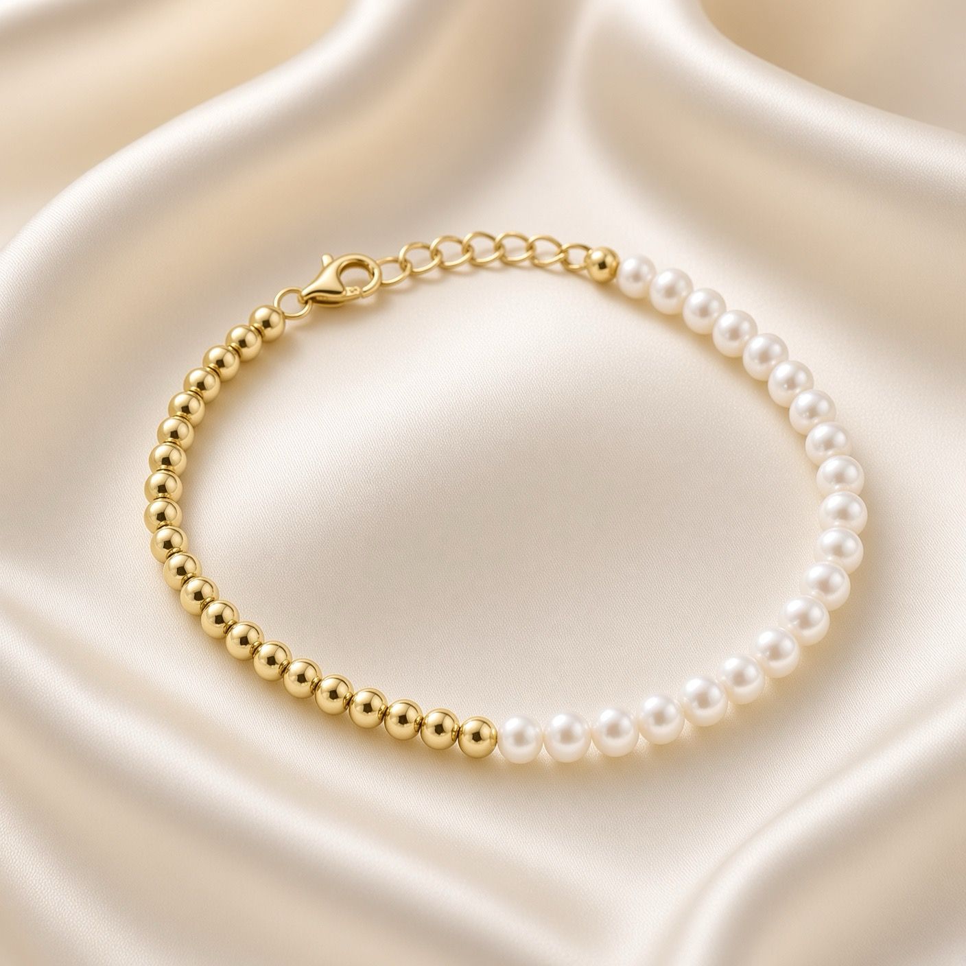 14K Y/G Pearl and Gold Ball Bracelet