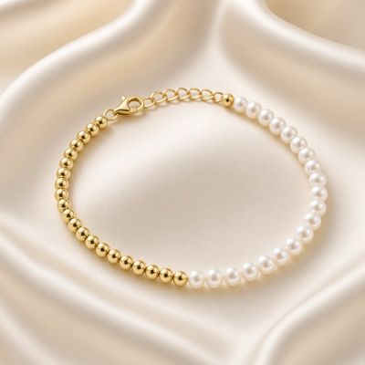 14K Y/G Pearl and Gold Ball Bracelet