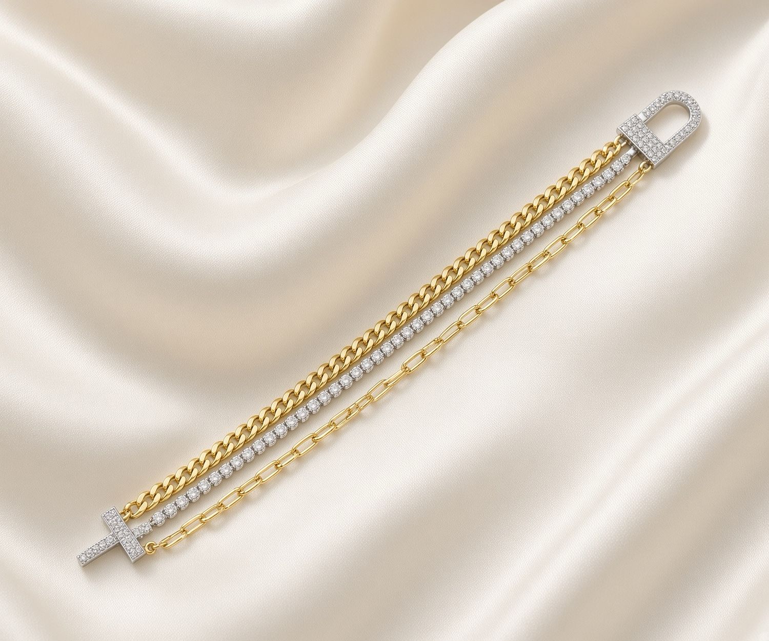 14K 2-tone Diamond Tennis &amp; Paperclip Bracelet 2.05ct