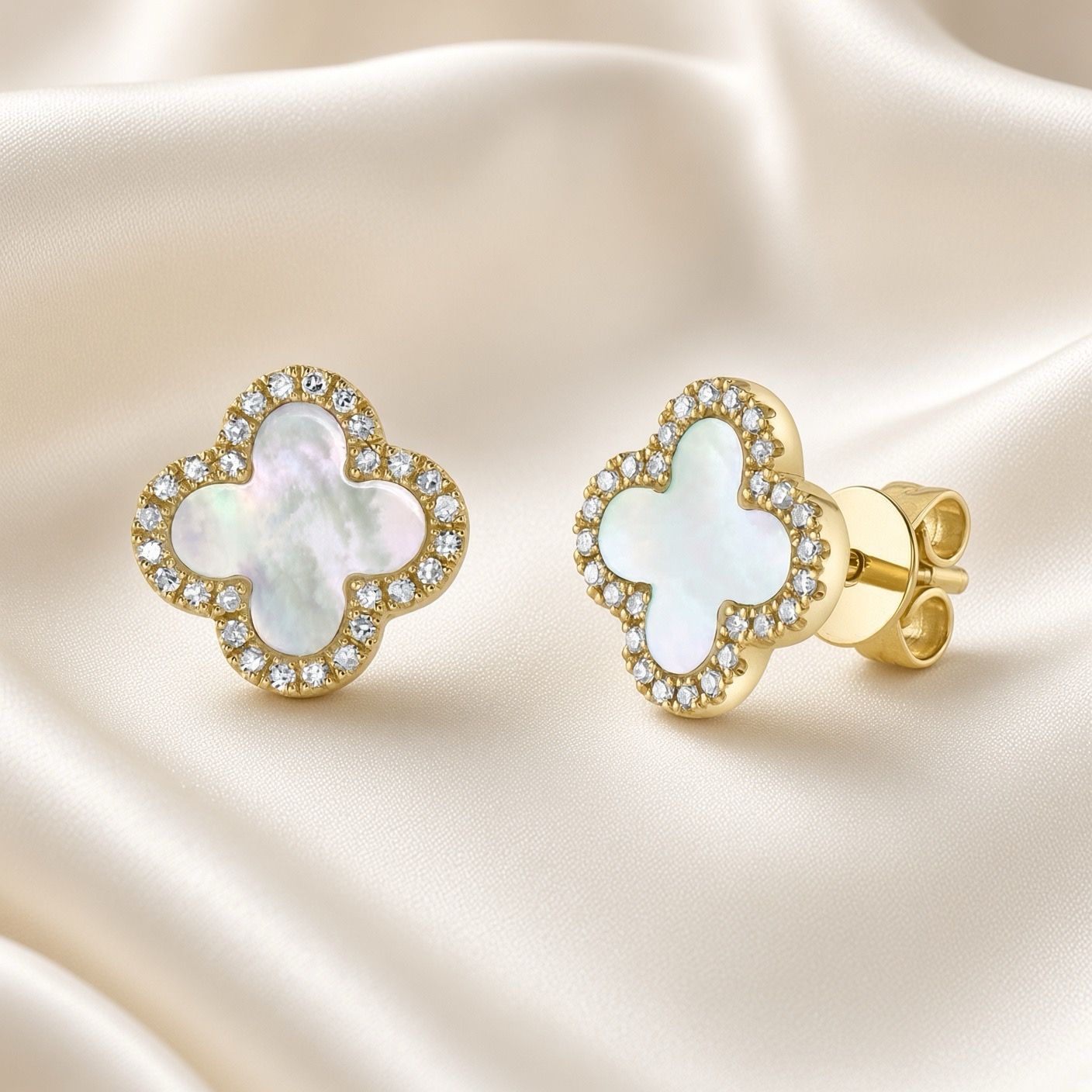 14K Y/G Mother of Pearl Clover Earrings