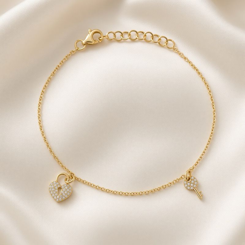 14K Y/G Diamond Key &amp; Locket Charm Bracelet