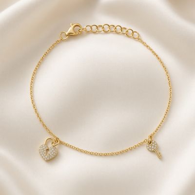 14K Y/G Diamond Key &amp; Locket Charm Bracelet