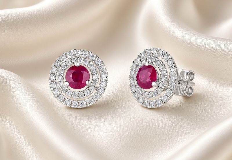 14K W/G Ruby &amp; Double DiaHalo Studs, R: 0.69ct, D: 0.38ct