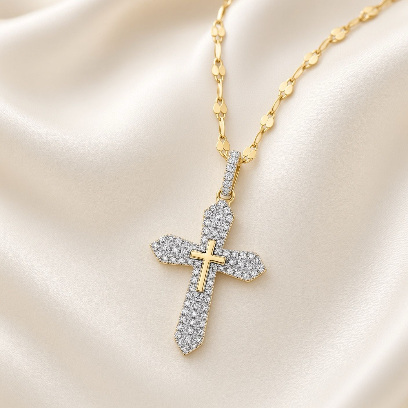 14K Y/G Diamond Cross with Fancy Chain, D: 0.17ct