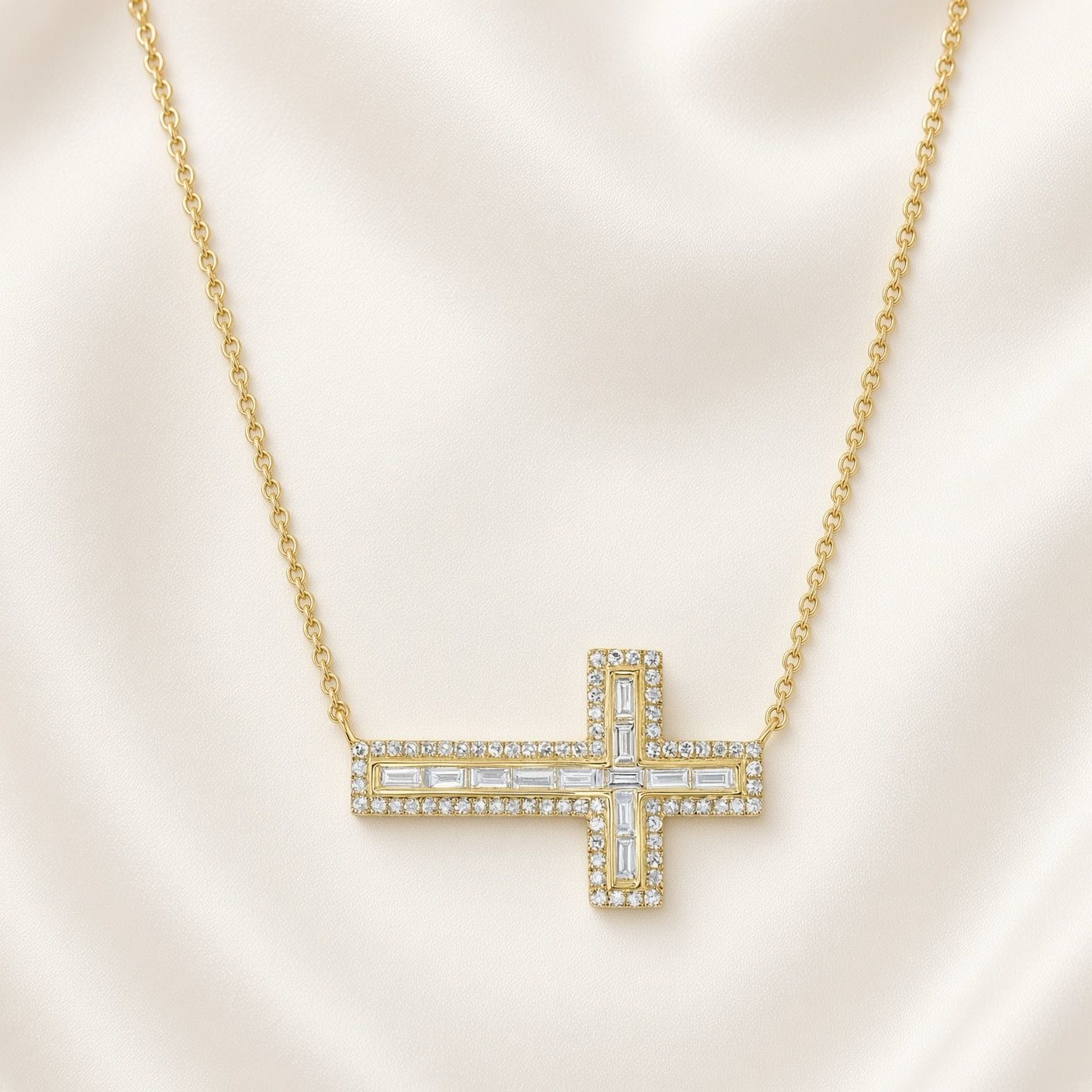 14K Y/G Sideways Baguette Diamond Cross
