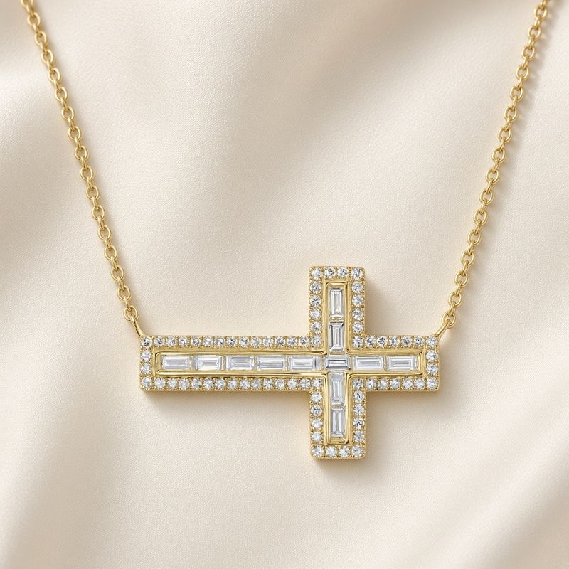 14K Y/G Sideways Baguette Diamond Cross