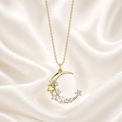 14K Y/G Pearl and Diamond Crescent Moon Necklace
