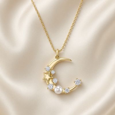 14K Y/G Pearl and Diamond Crescent Moon Necklace