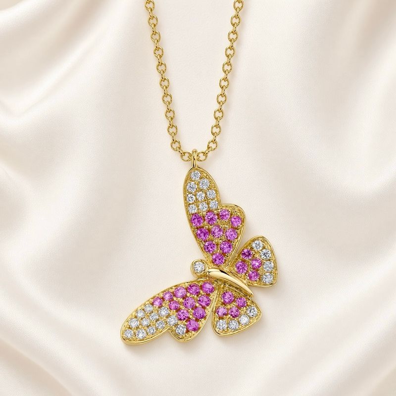 14K Y/G Pink Sapphire &amp; Diamond Butterfly Necklace