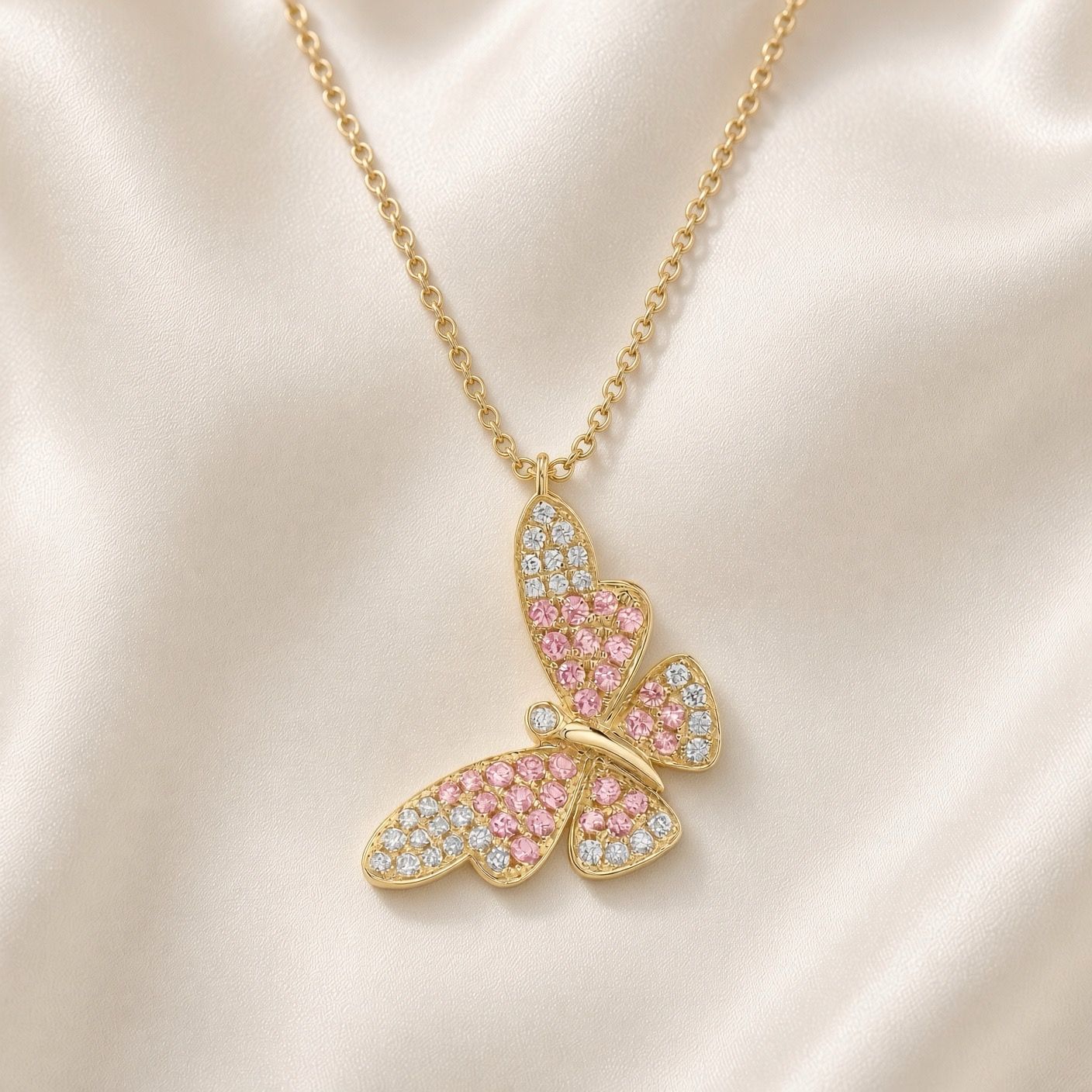 14K Y/G Pink Sapphire &amp; Diamond Butterfly Necklace