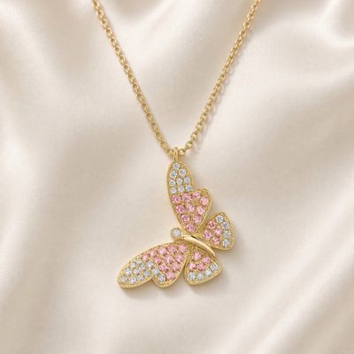 14K Y/G Pink Sapphire &amp; Diamond Butterfly Necklace