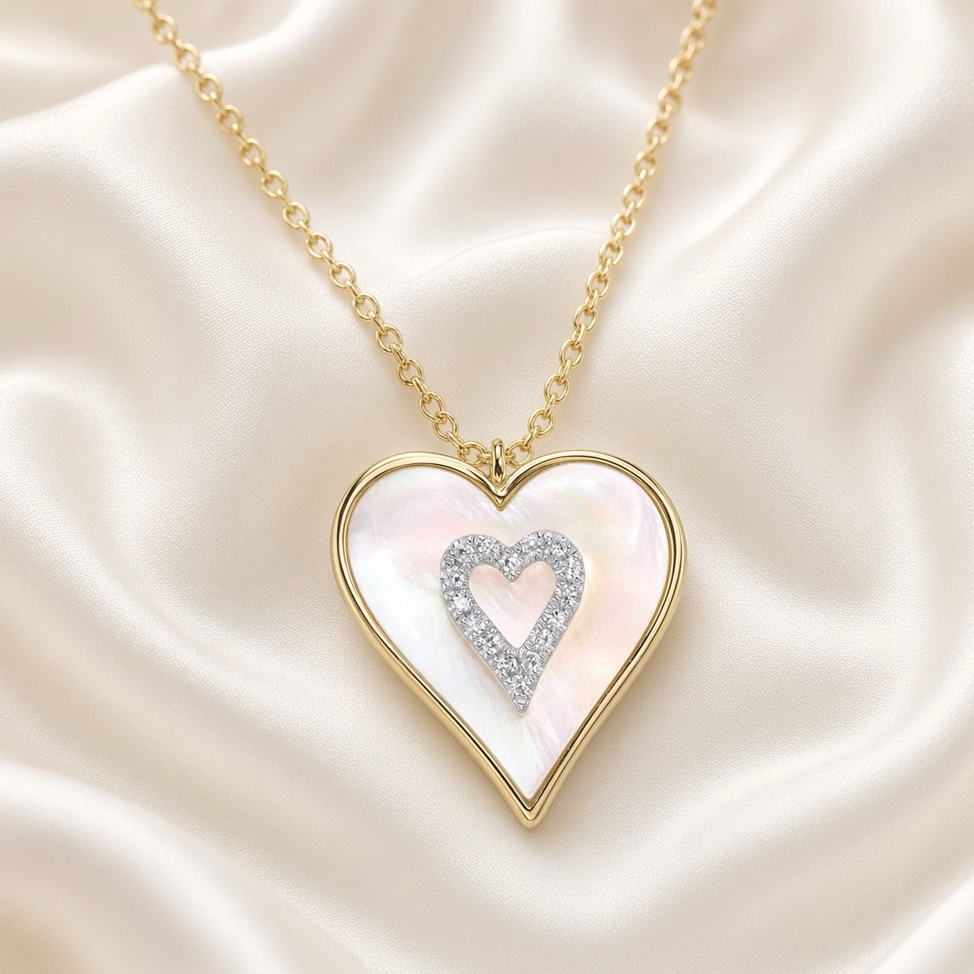14K Y/G Mother of Pearl Heart Necklace with Diamonds