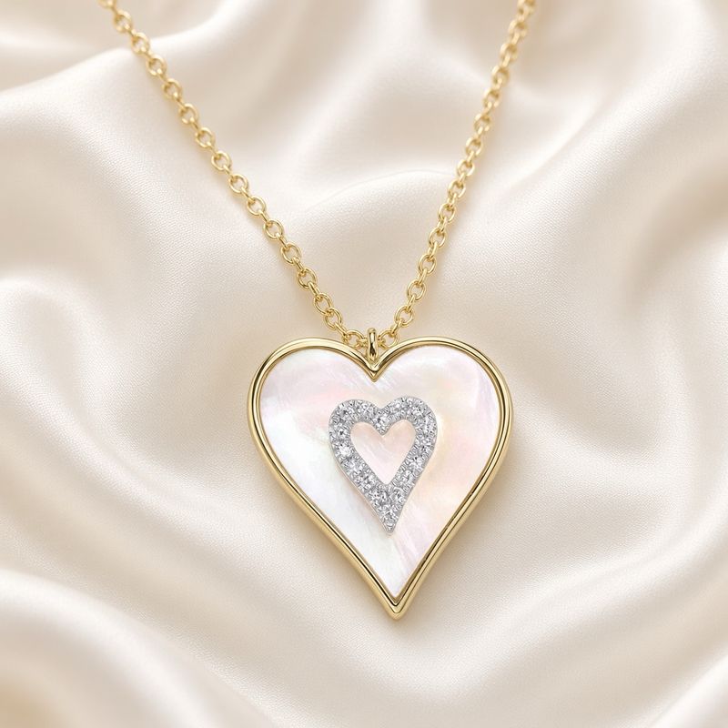 14K Y/G Mother of Pearl Heart Necklace with Diamonds