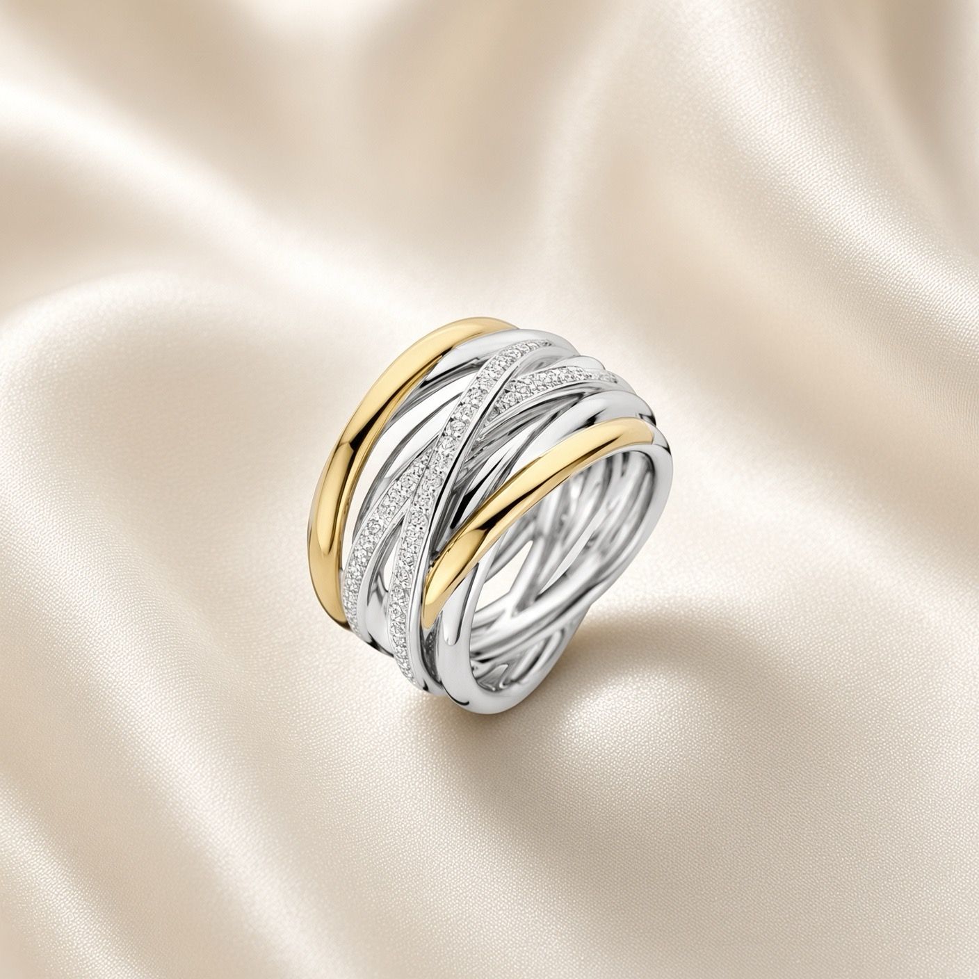 23046ZY - 2 tone Cross Over Ring with Zirconia