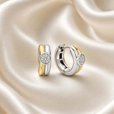 2-Tone Huggie Style Earrings with Bezel-Set Zirconia
