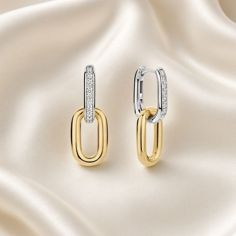 2 Tone Paperclip Dangle Earrings with Zirconia Hoop