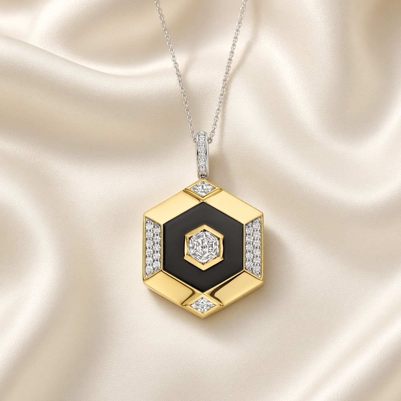 2 Tone Hexagon Black Zirconia Pendant