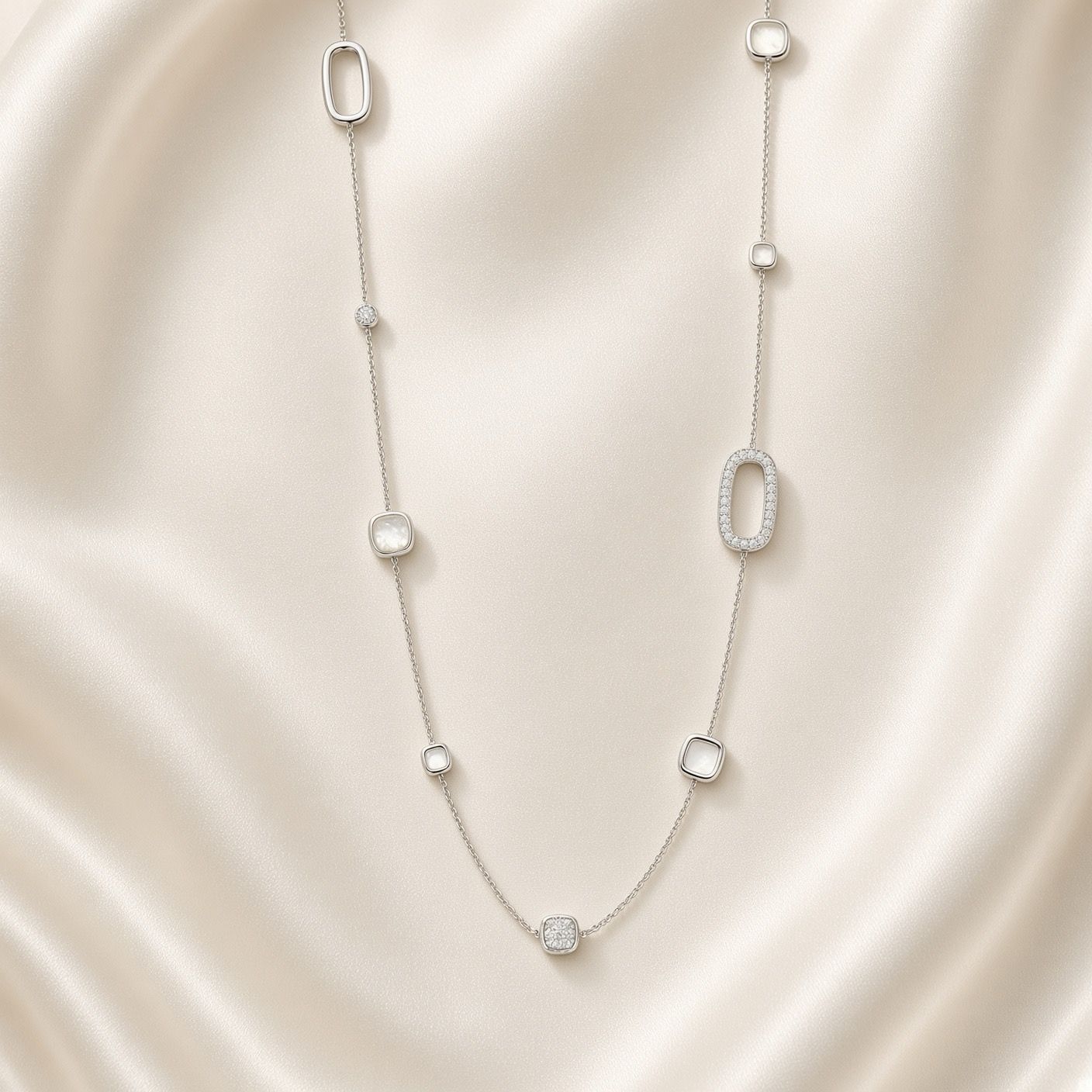 Long Mother of Pearl and Pavé Silver Necklace