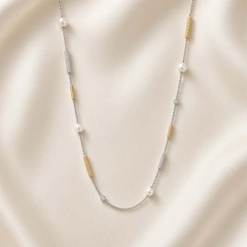 Long Necklace with Twisted Accents, Alternating Silver Elements &amp; Pearl