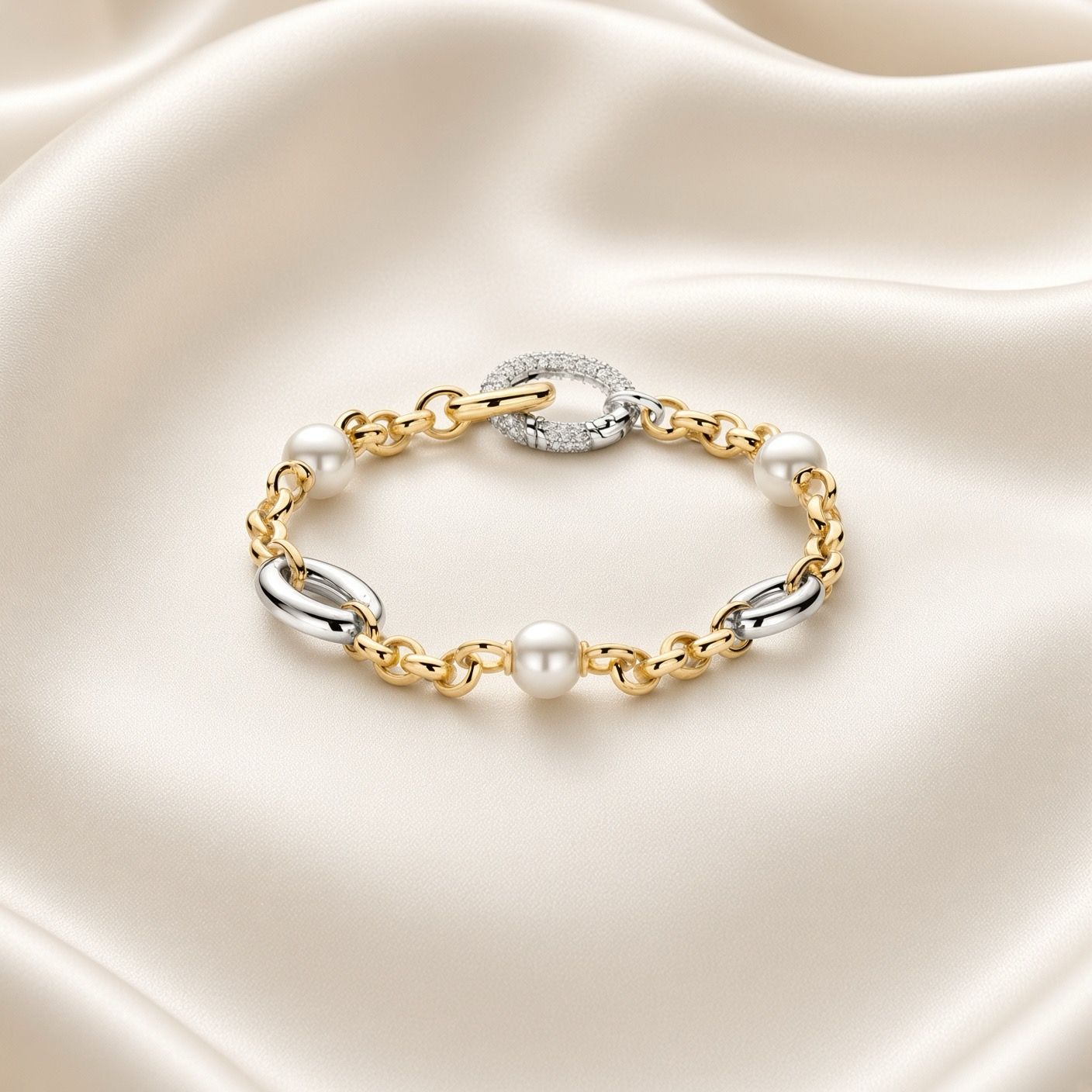 Yellow Gold Plated Pearl and Zirconia Bracelet