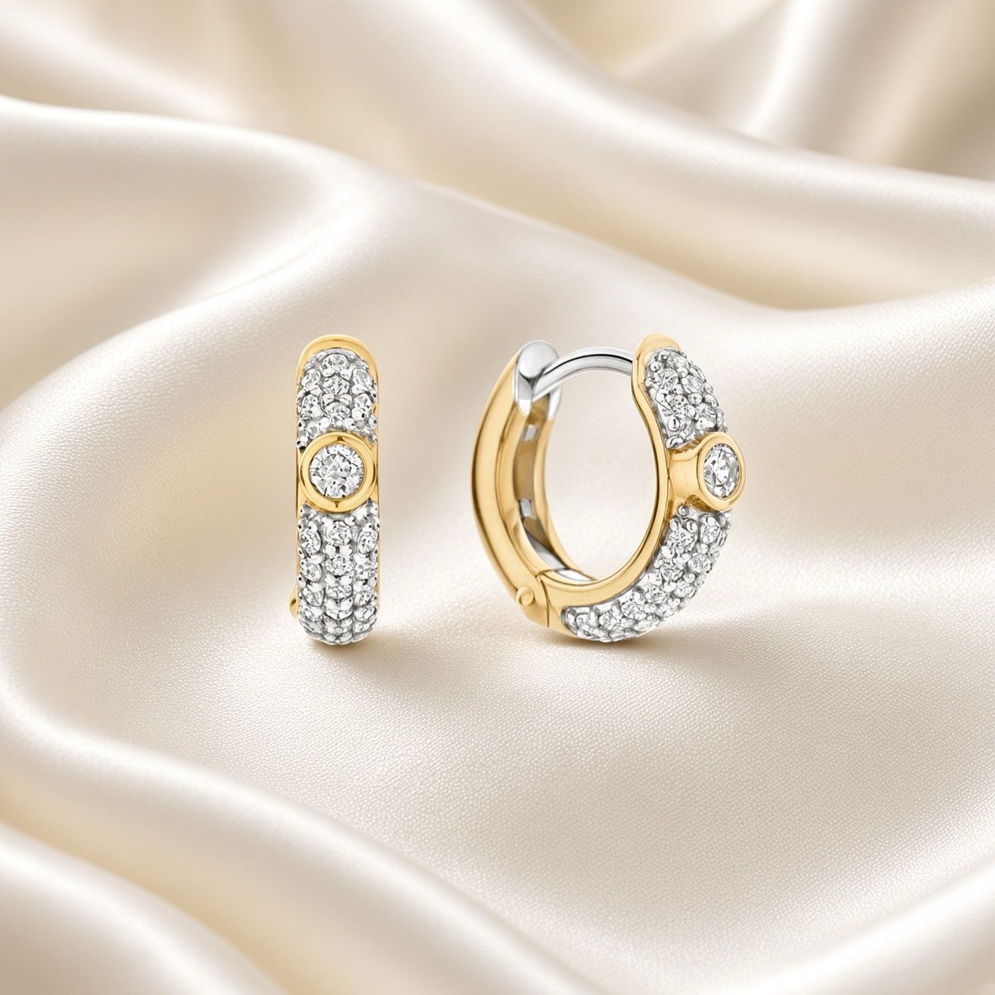 Yellow Gold Plated Pave Huggies with Bezel Set Zirconia