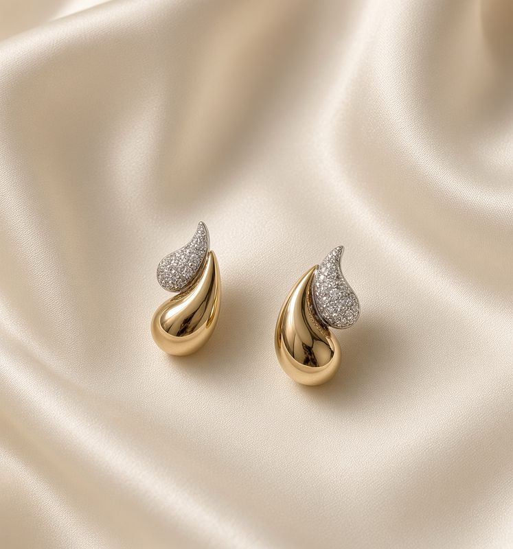 14K Y/G Tear Drop Pave Diamond Stud Earrings, D: 0.24ct