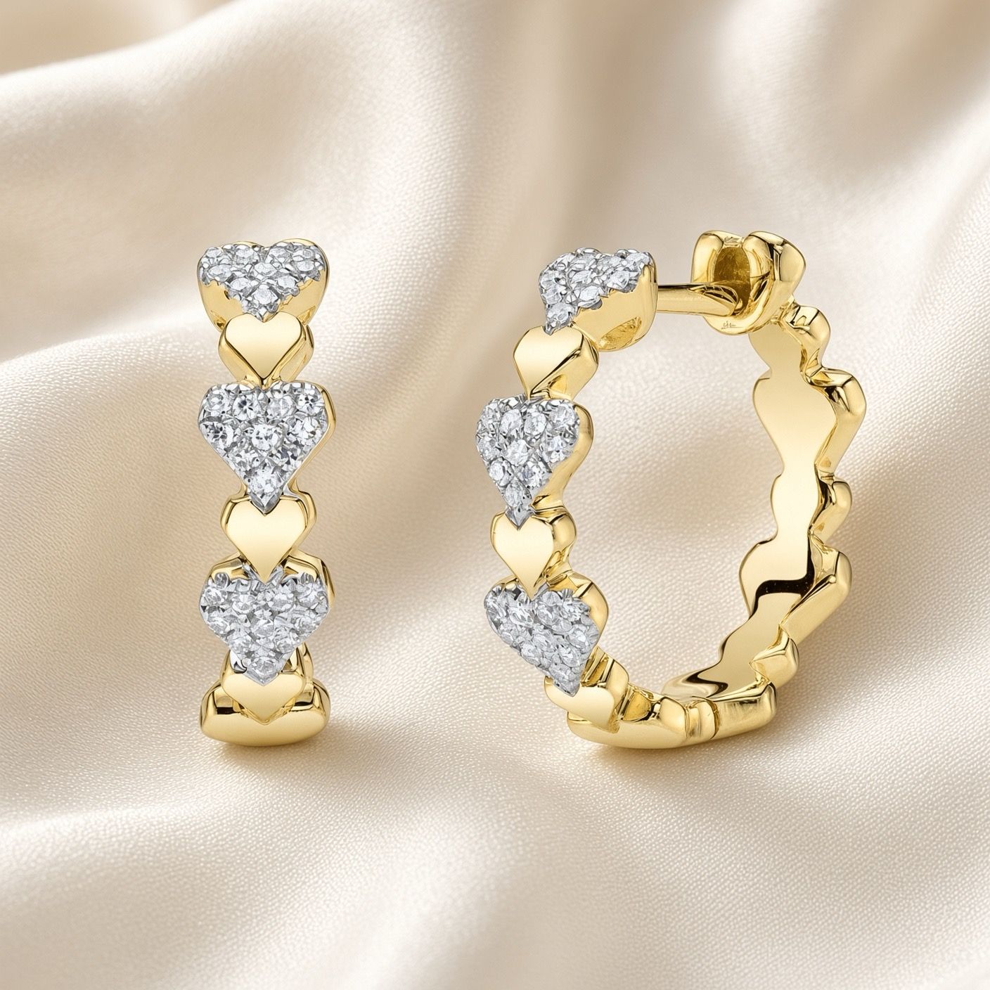 14K Y/G Pave Heart Hoop Earrings, D: 0.13ct