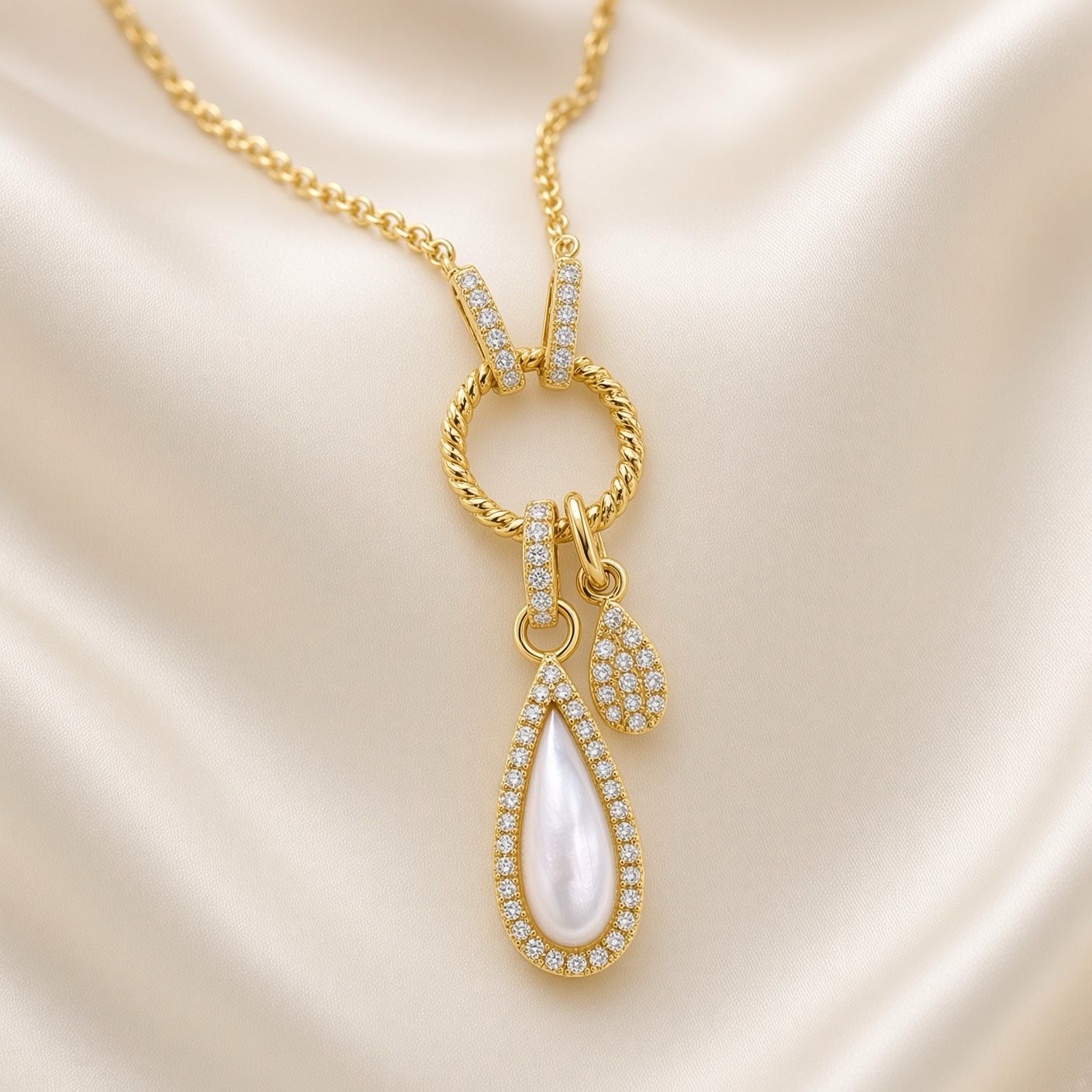 14K Y/G MOP and Diamond Drop Necklace, D: 0.13ct, M: 0.75ct