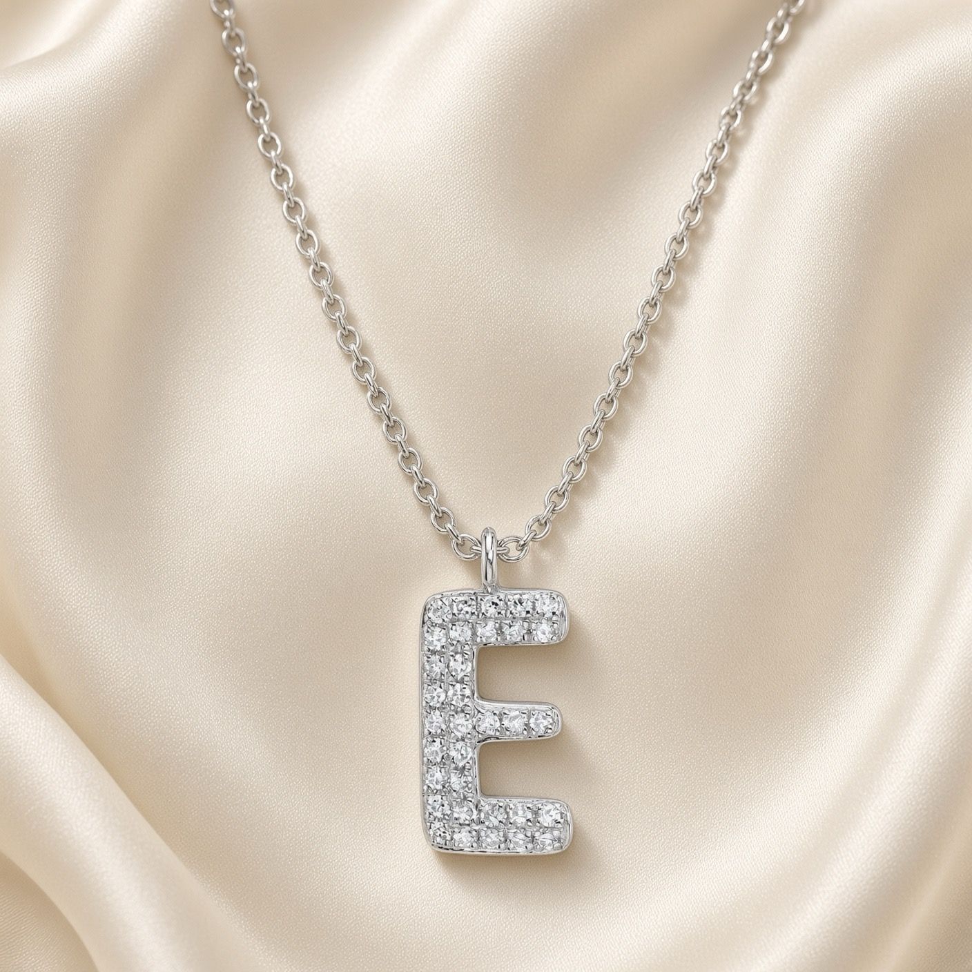 14K W/G Pave Bubble Initial E Necklace, D: 0.07ct