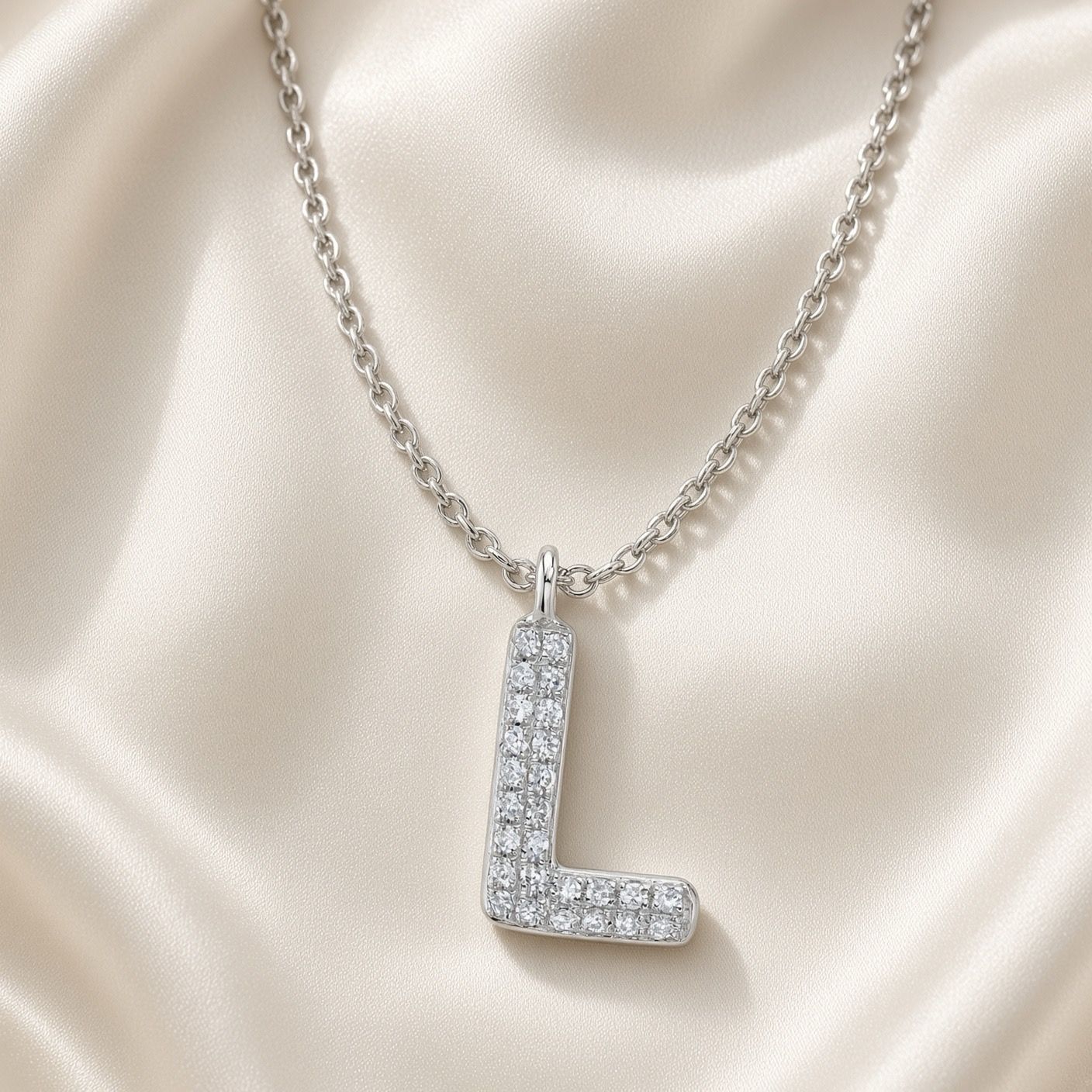 14K W/G Pave Bubble Initial L Necklace, D: 0.07ct