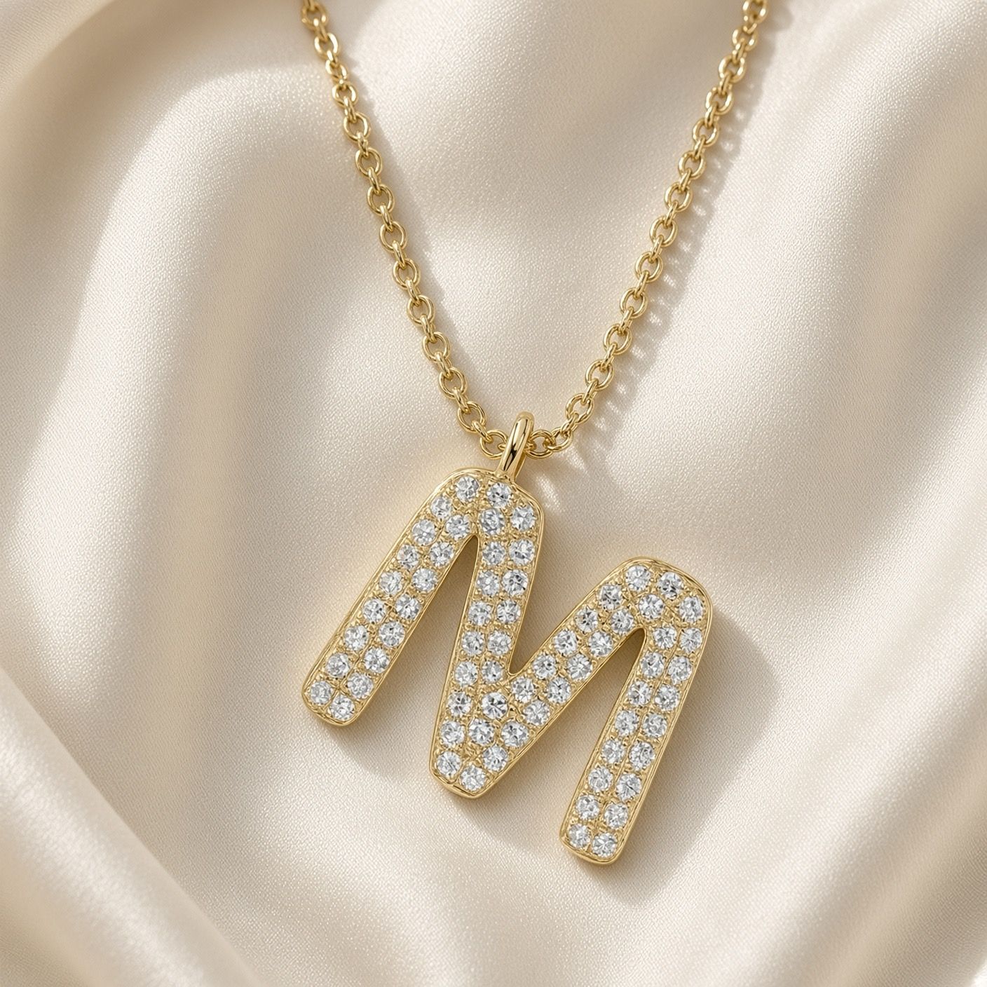 14K Y/G Pave Bubble Initial M Necklace, D: 0.14ct