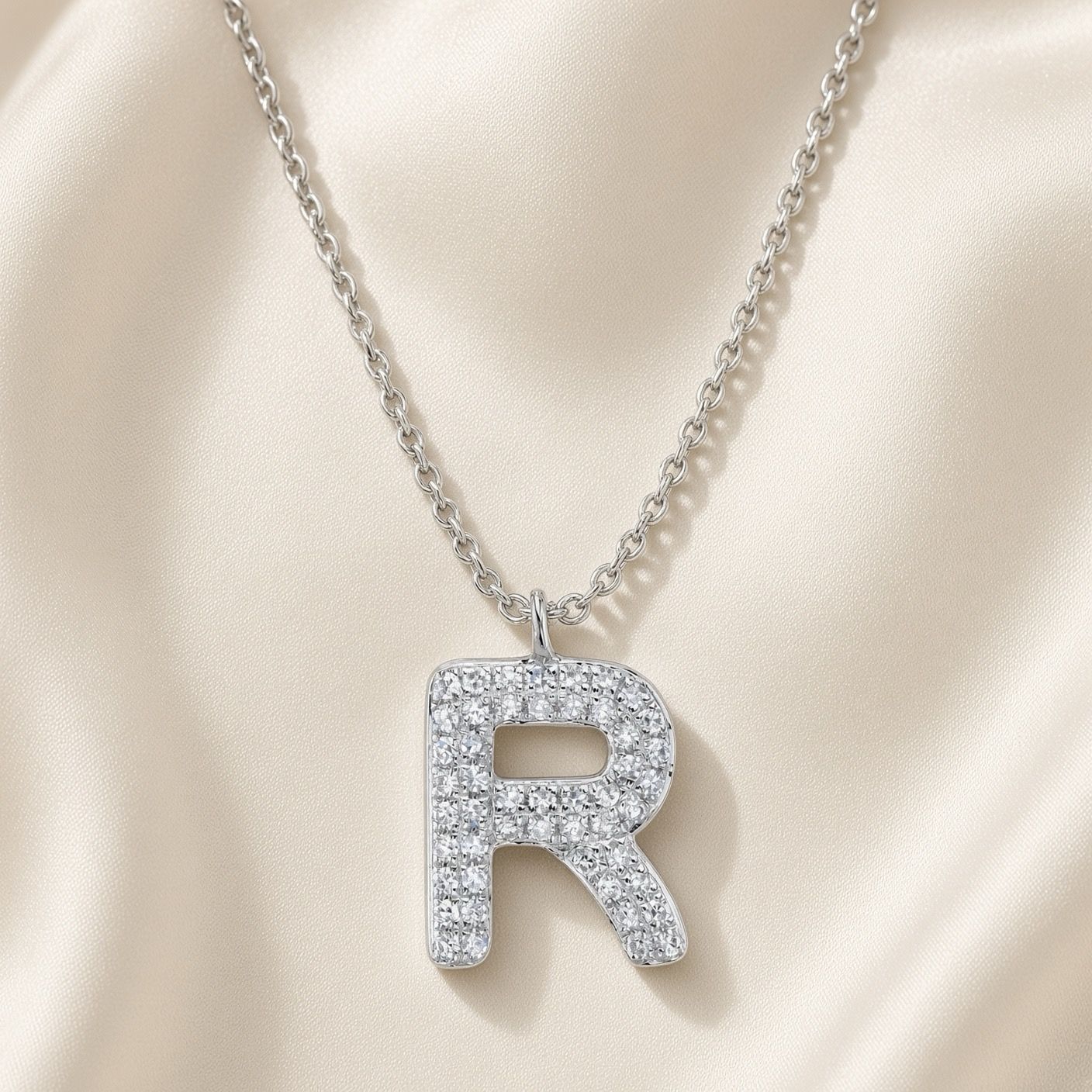 14K W/G Pave Bubble Initial R Necklace, D: 0.10ct