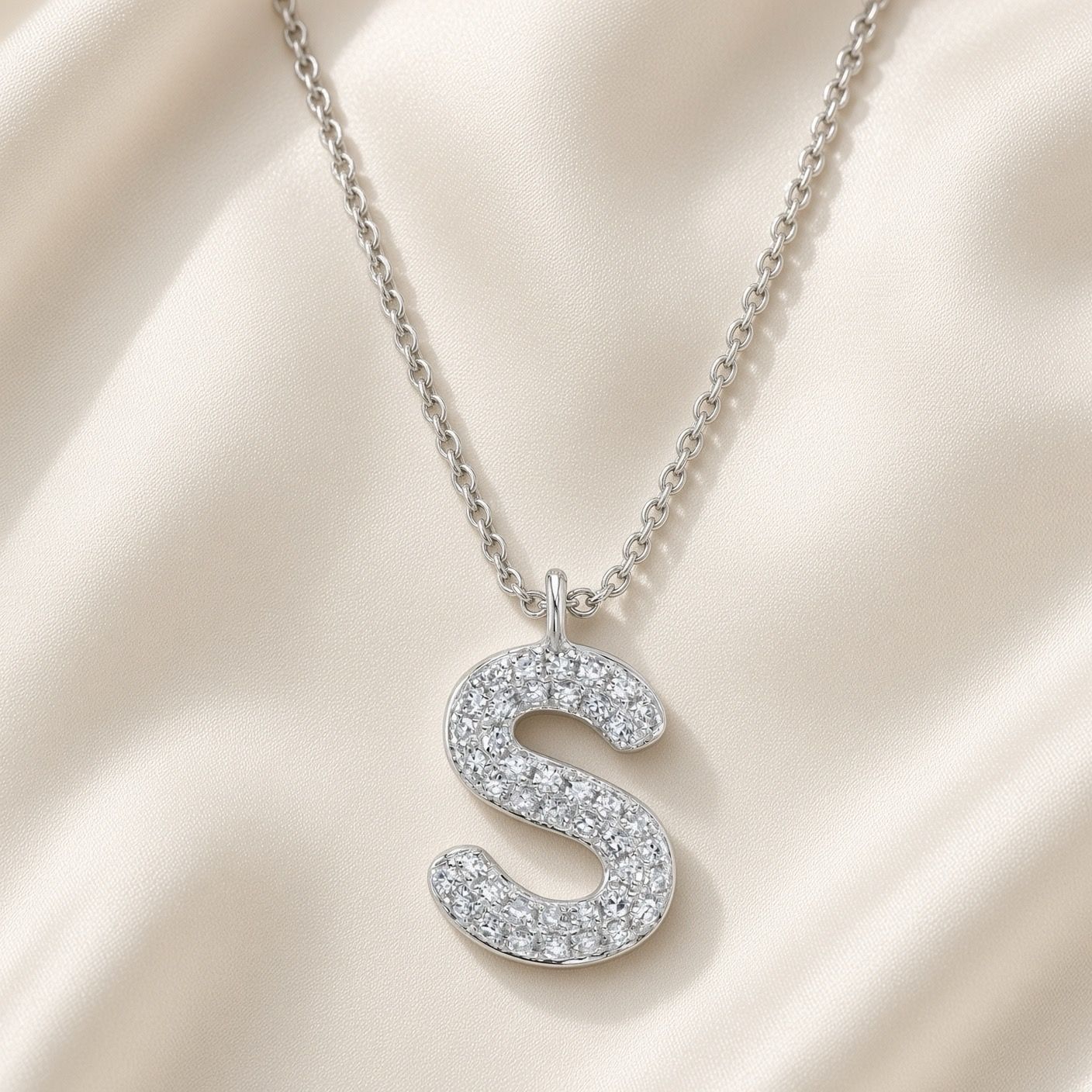 14K W/G Pave Bubble Initial S Necklace, D: 0.09ct