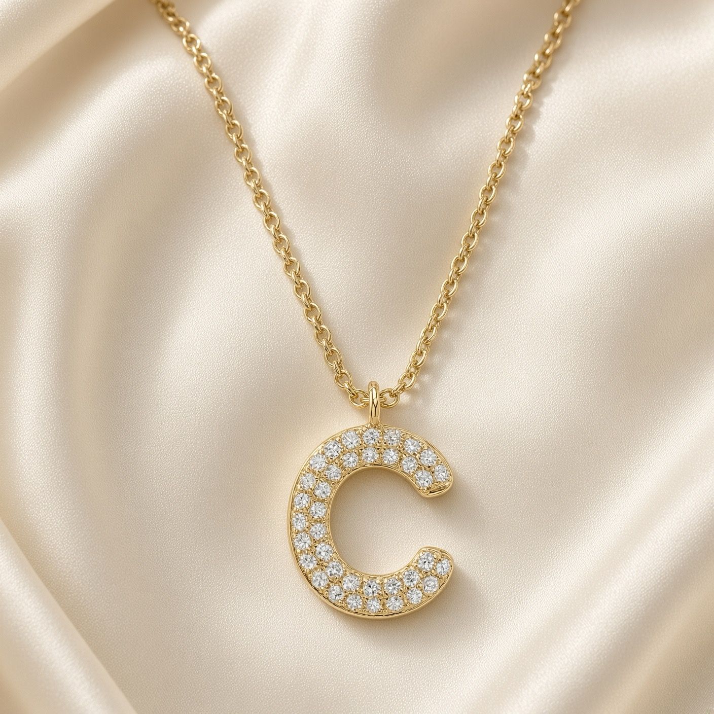 14K Y/G Pave Bubble Initial C Necklace, D: 0.08ct
