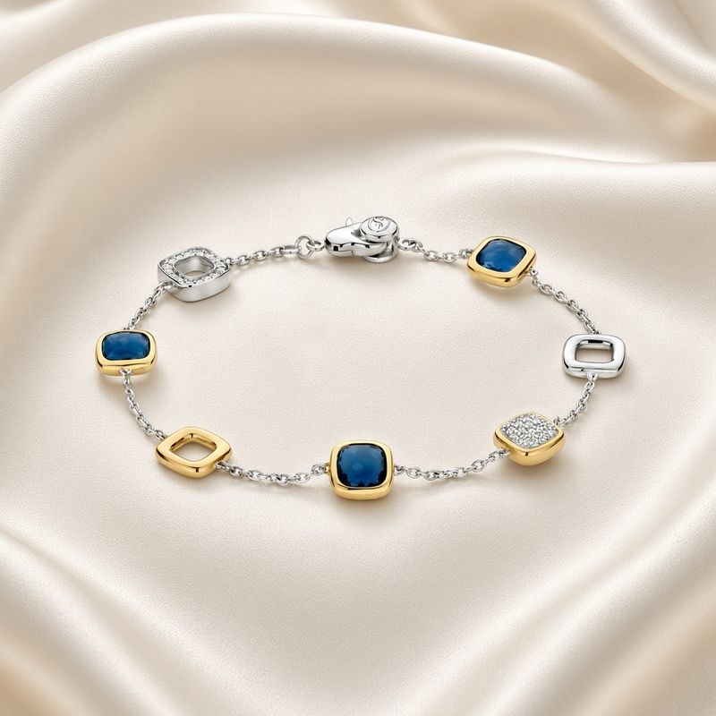 23080DB- Blue Stone, Yellow Gold Plated and Pave Square Bracelet
