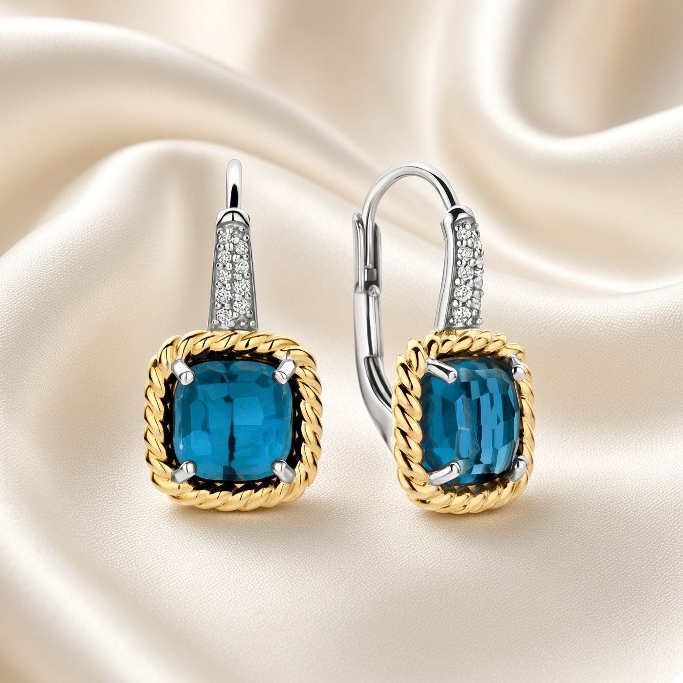 Two-Tone Blue Cushion Drop Earrings