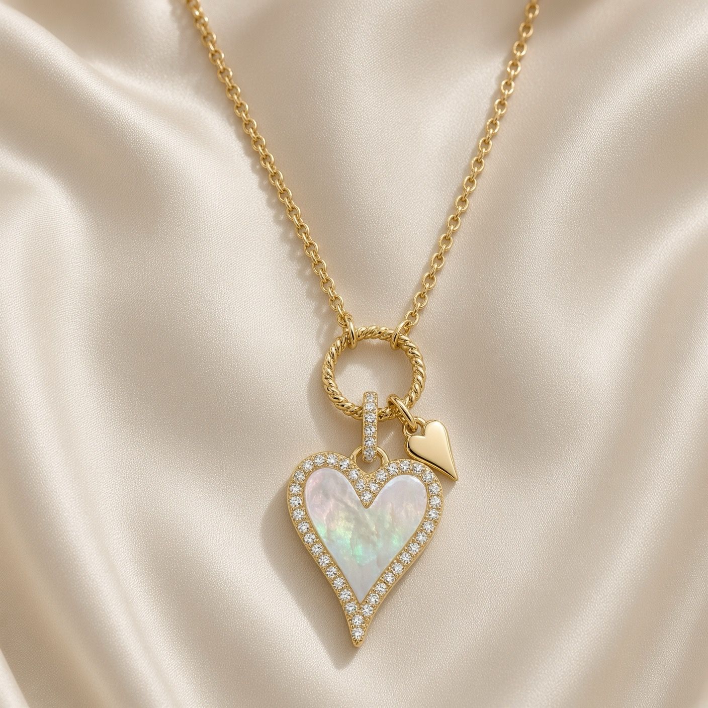 14K Y/G Mother of Pearl Heart Charm Necklace, MOP: 0.63ct, D: 0.12ct