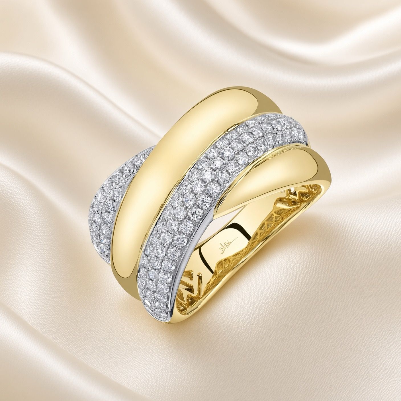 14K Y/G Chunky Pave Diamond Ring, D: 0.72ct