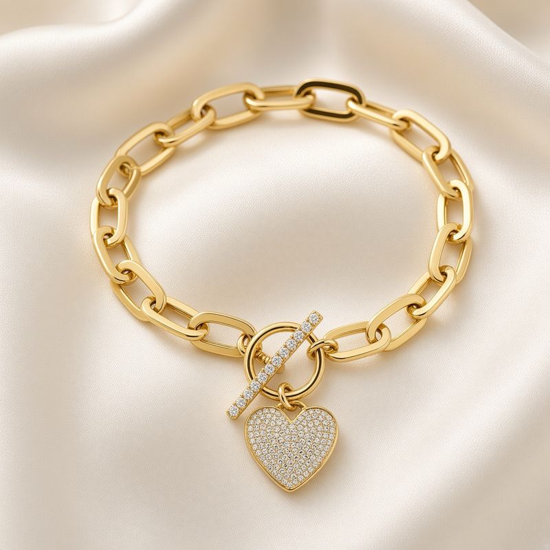 14K Y/G  Diamond Paperclip Pave Heart Bracelet, D: 0.41ct