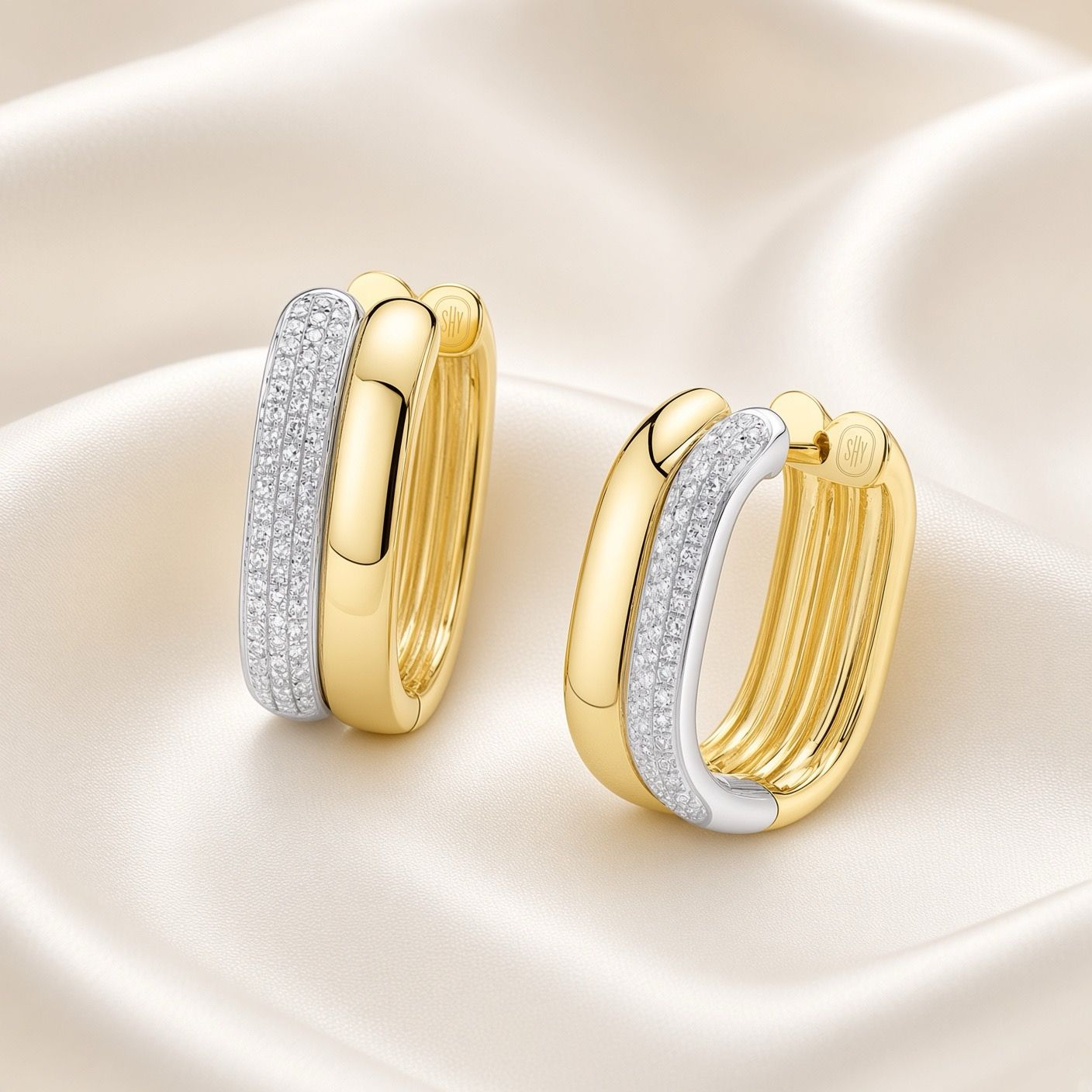 14K Y/G Pave Diamond Oval Hoops, D: 0.33ct